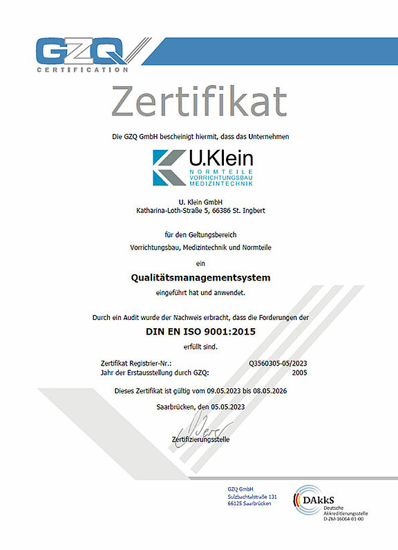 U.Klein GmbH Zertifikat DIN ISO 9001:2015 von 2023